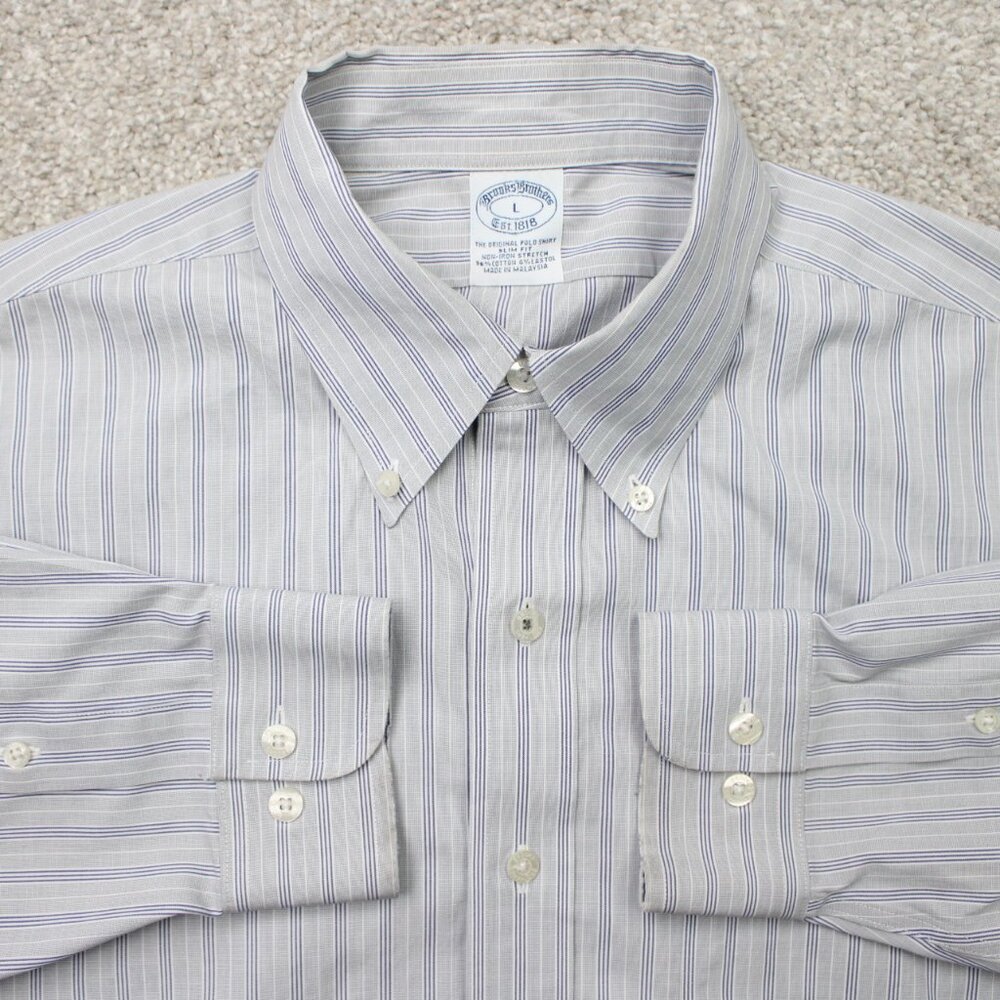 Brooks Brothers Shirt Mens Large Gray Slim Fit Non-Iron Stretch Long‎ Sleeve